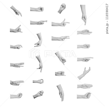 Different hand gestures, finger signs, showing symbols set, isolated on white background 118590417
