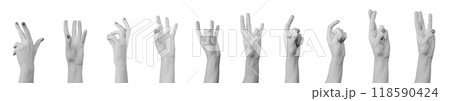 Quirky hand gestures, whimsical finger signs set, isolated on white background 118590424