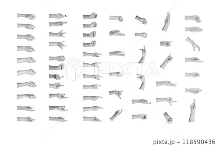 Different hands gestures set isolated on white background. Finger pointing, reaching, clicking, 118590436