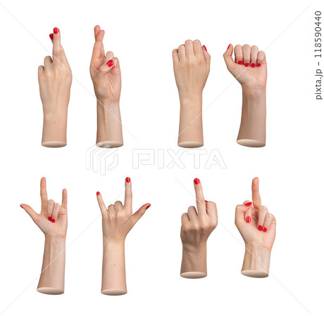 Hand gestures set. Middle finger showing rude sign, crossed of liar, fist and horns set isolated on Hand gestures set. Middle finger showing rude sign, crossed of liar, fist and horns set isolated on 118590440