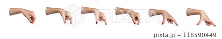 Hands holding something between two fingers, measuring gesture from big to small, isolated on white Hands holding something between two fingers, measuring gesture from big to small, isolated on white 118590449