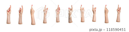 Index finger pointing up, hand gesture with red nails manicure for indicating, advertising, 118590451