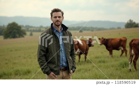 A man is standing in a wide field that has cows grazing in the background 118590519