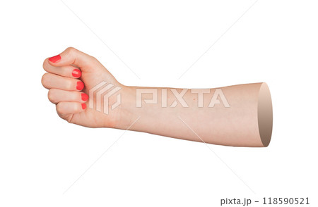 Fist gesture, greeting bump. Elegant woman with red manicure, closeup of fingernails and hand. 118590521