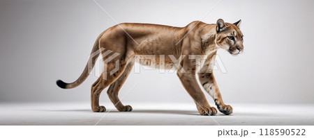 A mountain lion is currently walking on a white, clean surface 118590522