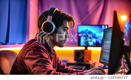 A man wearing headphones is playing a video game on his computer A man wearing headphones is playing a video game on his computer 118590537