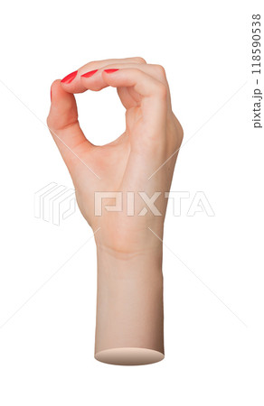 Hand showing the sign for zero, with thumb and forefinger forming an O letter. Isolated on white Hand showing the sign for zero, with thumb and forefinger forming an O letter. Isolated on white 118590538