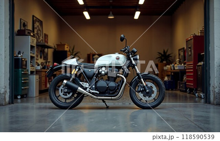 A motorcycle is currently parked inside a garage with the door open 118590539