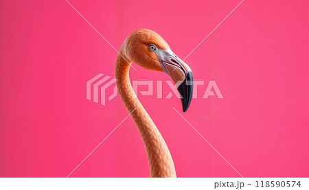 A stuffed flamingo is standing gracefully on a pink background A stuffed flamingo is standing gracefully on a pink background 118590574