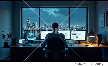 A man sits at a desk, gazing out at a city at night 118590579