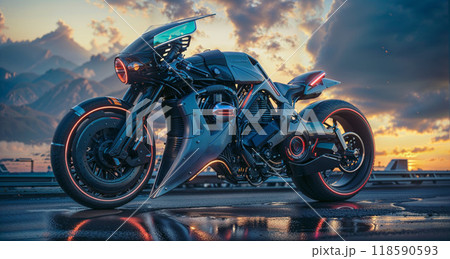 An aweinspiring futuristic motorcycle appears at sunset, featuring remarkable glowing tires An aweinspiring futuristic motorcycle appears at sunset, featuring remarkable glowing tires 118590593
