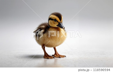 A small baby duckling is standing on a clean white surface A small baby duckling is standing on a clean white surface 118590594