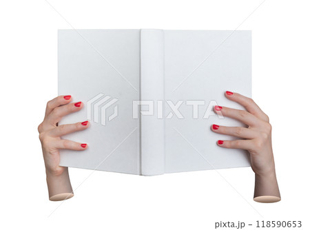 Book, hard cover mockup, blank hardback mock up. Hands holding paper literature, advertising, 118590653