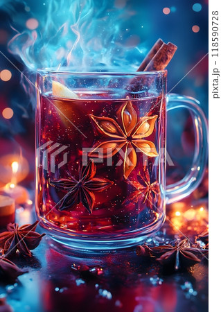 Illustration of a warming hot drink, tea, mulled wine, grog	 118590728