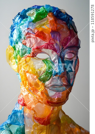 Futuristic portrait of a girl in celophane plastic bags, sustainability, pollution of the planet, ecology Futuristic portrait of a girl in celophane plastic bags, sustainability, pollution of the planet, ecology 118591278