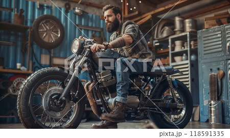 A man is currently sitting on a motorcycle inside a garage space 118591335