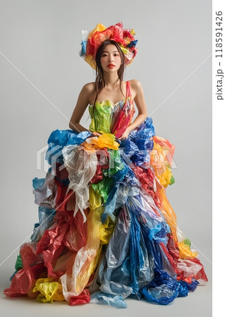conceptual dress model made of recycled plastic, cilophane, girl	 118591426