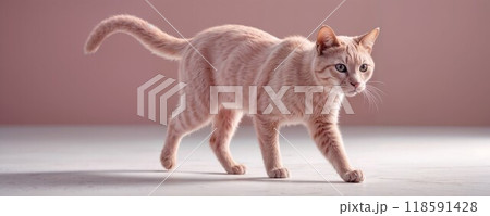 A cute pink cat is walking gracefully on a soft pink background 118591428