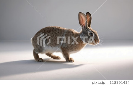 A brown and white rabbit is currently standing on a white surface A brown and white rabbit is currently standing on a white surface 118591434