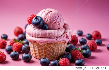 Cupcake with ice cream and blueberries on a pink background Cupcake with ice cream and blueberries on a pink background 118591441
