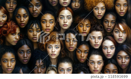 A diverse group of women with various hair textures and eye colors gathered in a vibrant display of beauty and unity A diverse group of women with various hair textures and eye colors gathered in a vibrant display of beauty and unity 118591699