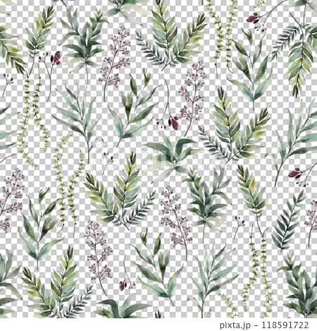 Watercolor seamless pattern with green and burgundy plants on a white background Watercolor seamless pattern with green and burgundy plants on a white background 118591722