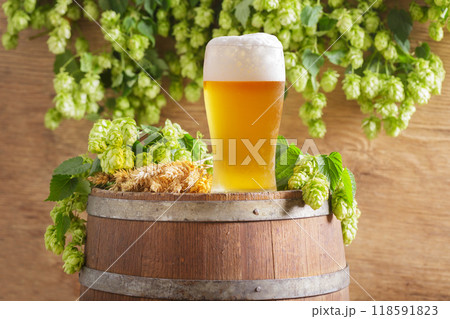 glass of beer, wheat ears and green hops on wooden beer barrel 118591823