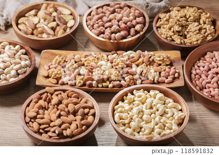 bowls of various mixed nuts bowls of various mixed nuts 118591832