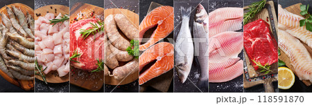 food collage of various fresh meat, chicken and seafood 118591870
