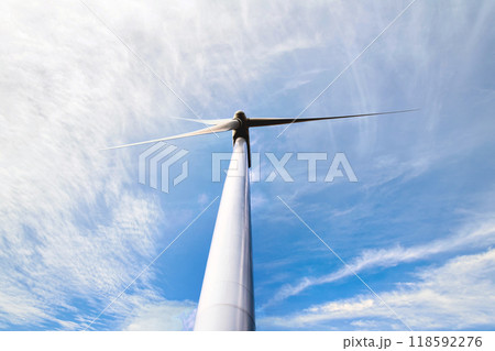 Windmills for the production of electrical energy. Wind farm of renewable, alternative and sustainable energy, province of Barcelona 118592276