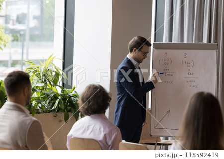 Confident business team leader speaking at flipchart to employees Confident business team leader speaking at flipchart to employees 118592419