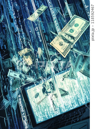 Digital transformation concept with money and binary code on a laptop, symbolizing online finance and cybersecurity in the modern digital world 118592467