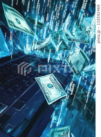Digital illustration of money bursting from laptop in a cyber environment depicting online finance and digital transactions 118592469