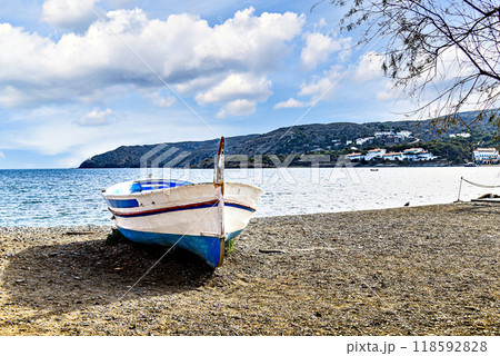 Typical fishing boat on the beach of the picturesque coastal town of Cadaques, Costa Brava, Girona Typical fishing boat on the beach of the picturesque coastal town of Cadaques, Costa Brava, Girona 118592828