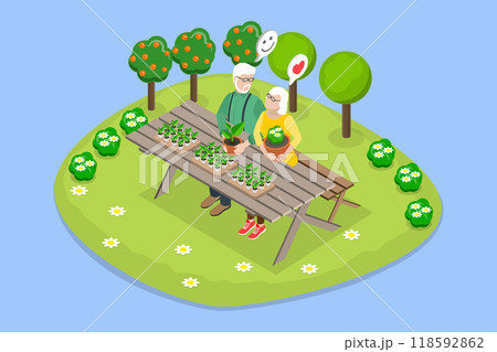 3D Isometric Flat Vector Illustration of Happy Retirement, A Loving Couple Enjoy Gardening Together 3D Isometric Flat Vector Illustration of Happy Retirement, A Loving Couple Enjoy Gardening Together 118592862