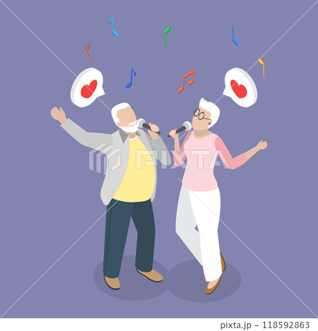 3D Isometric Flat Vector Illustration of Senior Caraoke, Elderly People Performing a Musical Duet 3D Isometric Flat Vector Illustration of Senior Caraoke, Elderly People Performing a Musical Duet 118592863