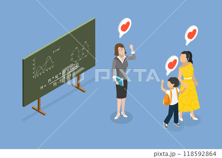 3D Isometric Flat Vector Illustration of Junior School Class, Picking up a Kid From School at the End of the Day 118592864