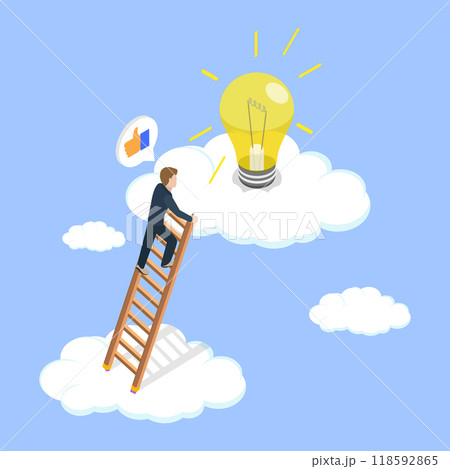 3D Isometric Flat Vector Illustration of Opportunity and Wisdom, Innovative Businessman Climbing Pencil Ladder to Find Lightbulb Idea in the Clouds 118592865