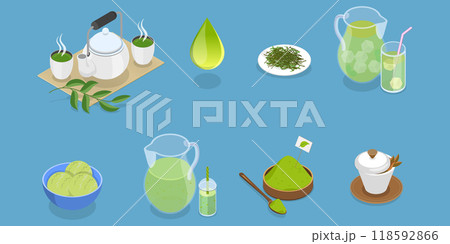 3D Isometric Flat Vector Illustration of Green Tea Collection, Match Beverage Product Elements 3D Isometric Flat Vector Illustration of Green Tea Collection, Match Beverage Product Elements 118592866