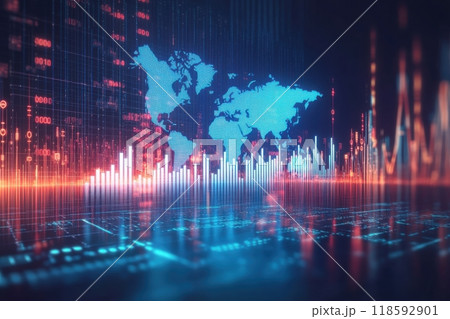 Digital world map with glowing stock market charts and futuristic data visualization background 118592901