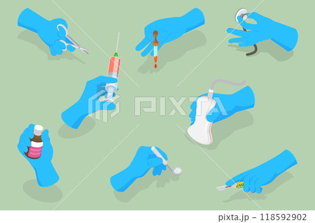 3D Isometric Flat Vector Set of Doctors Hands, Medical Instruments Held by Hands in Blue Sterile Gloves 118592902