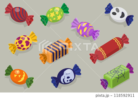 3D Isometric Flat Vector Set of Candy In Different Wrappers, Halloween Sweet Treats 118592911