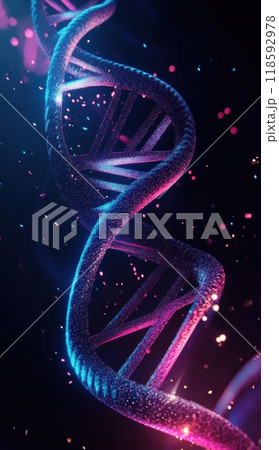 Close-up view of the double helix DNA structure glowing in vibrant colors against a dark background 118592978