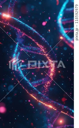 Close-up of vibrant double-helix DNA structure with glowing details against a cosmic background 118592979
