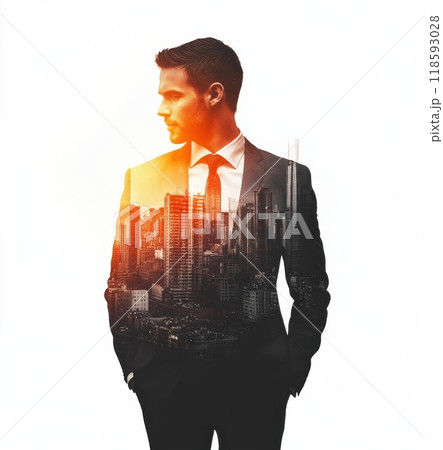 Businessman in a suit with cityscape overlay representing corporate ambition and urban lifestyle 118593028