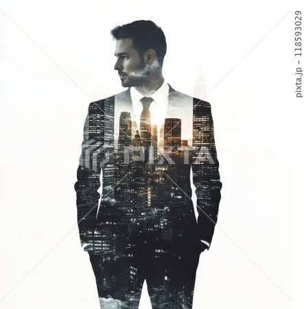 Professional businessman in a suit with cityscape overlay symbolizing urban business growth and leadership 118593029
