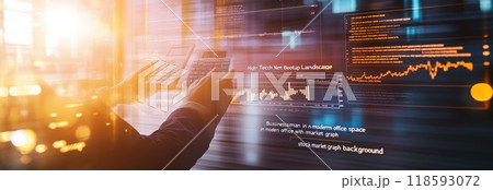 Business professional analyzing digital financial data and statistics in a modern office. Man using technology to interpret stock market trends and financial growth opportunities Business professional analyzing digital financial data and statistics in a modern office. Man using technology to interpret stock market trends and financial growth opportunities 118593072