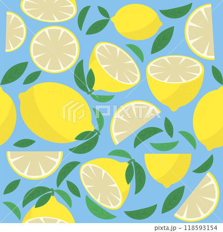 Vector Fresh Yellow Lemon with Green Leaves. Seamless Pattern. Tropical Fruit Icon with Sour Taste 118593154