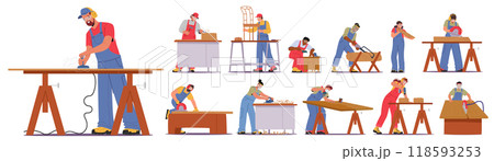 Carpenters Working On Wood Projects Using Different Tools And Techniques. Cartoon Vector Illustration Carpenters Working On Wood Projects Using Different Tools And Techniques. Cartoon Vector Illustration 118593253