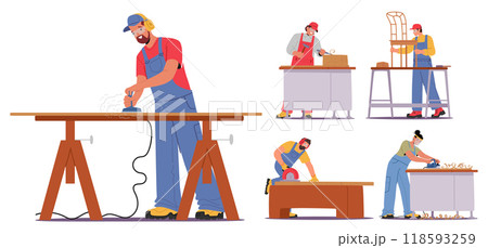 Talented Craftsmen Working on Various Woodworking Projects, Displaying Skill and Precision in Craftsmanship 118593259